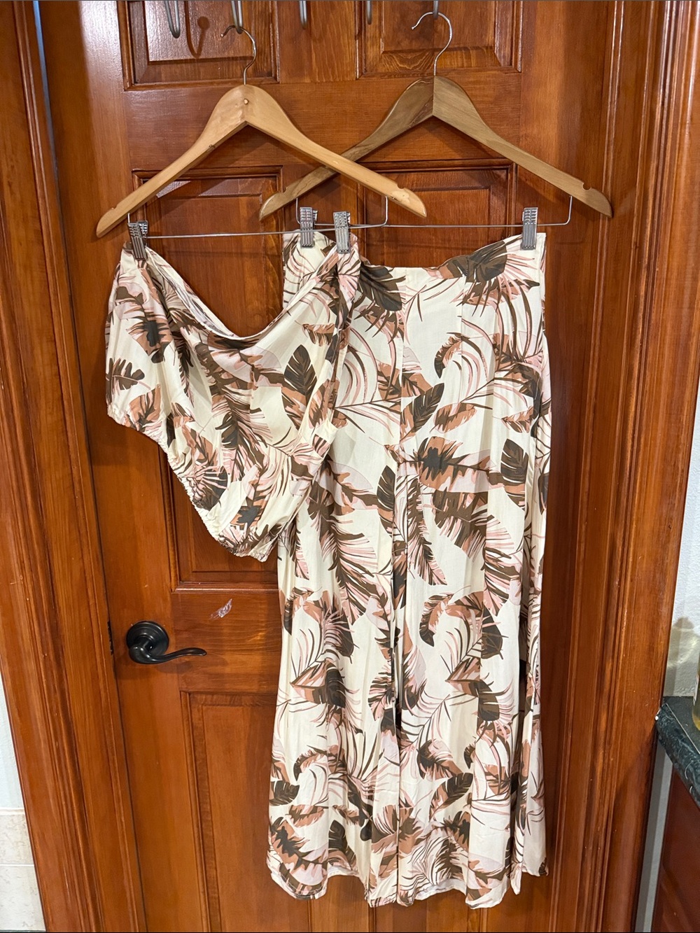 Women's Cream Tropical Print Off-Shoulder top and wide leg pants set